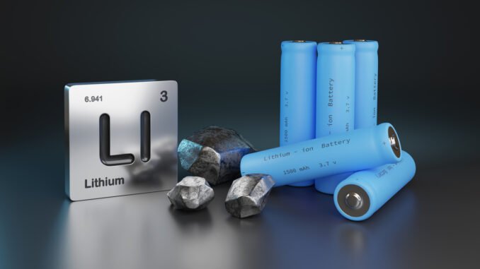 Lithium - ion batteries , metallic lithium and element symbol. 3d illustration. Lithium - ion batteries