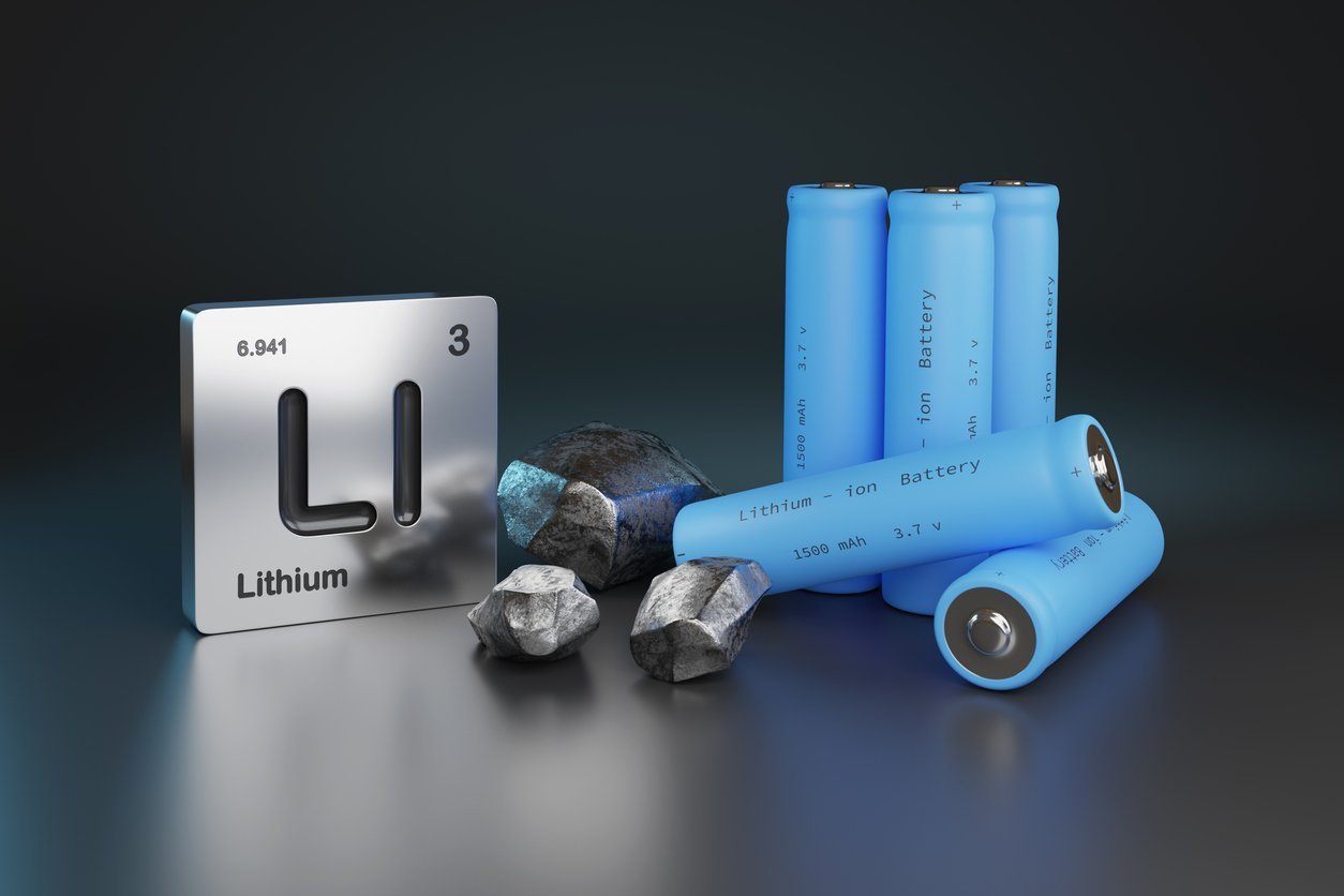 Lithium - ion batteries , metallic lithium and element symbol. 3d illustration. Lithium - ion batteries
