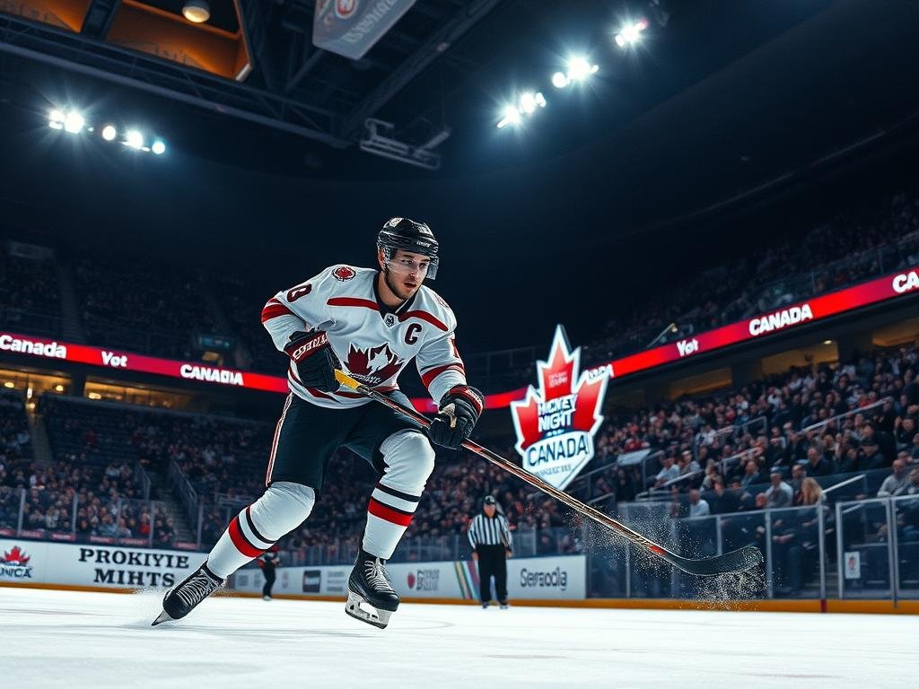 A Canadian hockey arena, dimly lit, with the ice surface illuminated under bright spotlights. Juraj Slafkovský, the young Slovak forward, deftly handles the puck, his powerful stride and determined expression showcasing his skill and physicality on Hockey Night in Canada. The crowd's roar echoes through the arena as Slafkovský battles for possession, his jersey number clearly visible. In the background, the iconic Hockey Night in Canada logo shines, setting the stage for this pivotal moment in the game. A Canadian hockey arena, dimly lit, with the ice surface illuminated under bright spotlights. Juraj Slafkovský, the young Slovak forward, deftly handles the puck, his powerful stride and determined expression showcasing his skill and physicality on Hockey Night in Canada. The crowd's roar echoes through the arena as Slafkovský battles for possession, his jersey number clearly visible. In the background, the iconic Hockey Night in Canada logo shines, setting the stage for this pivotal moment in the game.