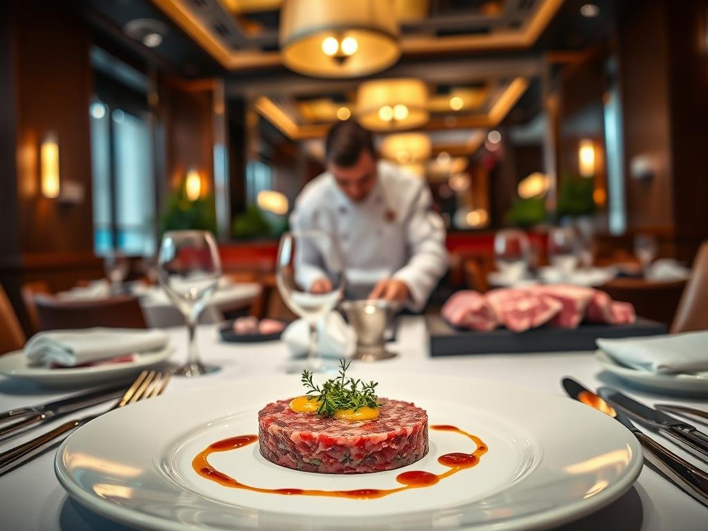 A beautifully arranged fine dining table showcasing an elegant beef tartare presentation in a high-end Canadian restaurant setting. In the foreground, a carefully plated serving of beef tartare garnished with vibrant herbs and artistic sauce drizzles, reflecting freshness and quality. The middle layer features a professional chef in a crisp white chef's coat, attentively inspecting the raw beef cuts, emphasizing the importance of sourcing the best quality ingredients. The background reveals an elegant dining ambiance with warm, inviting lighting from stylish pendant lamps, polished wooden accents, and sophisticated place settings. The overall atmosphere conveys a sense of sophistication and culinary excellence, highlighting safety and quality in sourcing raw beef for exquisite dining experiences. A beautifully arranged fine dining table showcasing an elegant beef tartare presentation in a high-end Canadian restaurant setting. In the foreground, a carefully plated serving of beef tartare garnished with vibrant herbs and artistic sauce drizzles, reflecting freshness and quality. The middle layer features a professional chef in a crisp white chef's coat, attentively inspecting the raw beef cuts, emphasizing the importance of sourcing the best quality ingredients. The background reveals an elegant dining ambiance with warm, inviting lighting from stylish pendant lamps, polished wooden accents, and sophisticated place settings. The overall atmosphere conveys a sense of sophistication and culinary excellence, highlighting safety and quality in sourcing raw beef for exquisite dining experiences.