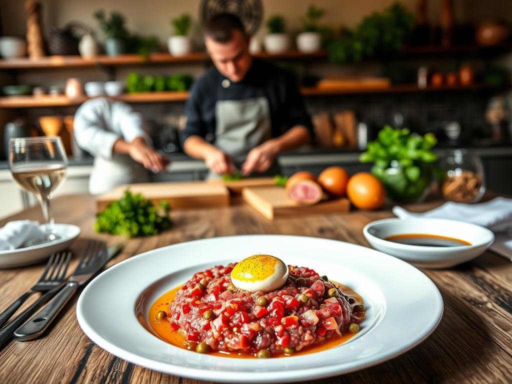 A beautifully arranged plate of steak tartare, artistically presented on a rustic wooden table. In the foreground, a perfectly molded portion of vibrant red tartare showcases delicate seasoning, garnished with finely chopped capers and a quail egg yolk resting on top. Surrounding the plate are high-quality utensils and a small dish of rich brown sauce. In the middle ground, a chef in professional attire prepares the dish, focused and meticulous, with a knife and cutting board nearby. The background features a softly lit gourmet kitchen with herbs and ingredients artfully arranged on shelves, casting warm, inviting shadows. The lighting is natural, emphasizing the textures and colors of the dish, creating a sophisticated and inviting atmosphere that celebrates culinary artistry. A beautifully arranged plate of steak tartare, artistically presented on a rustic wooden table. In the foreground, a perfectly molded portion of vibrant red tartare showcases delicate seasoning, garnished with finely chopped capers and a quail egg yolk resting on top. Surrounding the plate are high-quality utensils and a small dish of rich brown sauce. In the middle ground, a chef in professional attire prepares the dish, focused and meticulous, with a knife and cutting board nearby. The background features a softly lit gourmet kitchen with herbs and ingredients artfully arranged on shelves, casting warm, inviting shadows. The lighting is natural, emphasizing the textures and colors of the dish, creating a sophisticated and inviting atmosphere that celebrates culinary artistry.