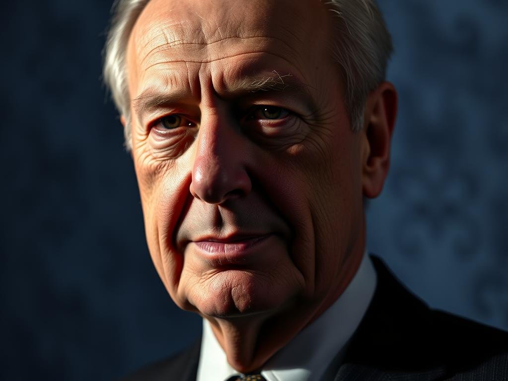 A bold, high-contrast portrait of former Canadian Prime Minister Jean Chrétien, set against a hazy, textured background. Chrétien's face is illuminated from the left, casting dramatic shadows that accentuate his distinctive features - the prominent nose, intense gaze, and mischievous half-smile. The background blends subtle shades of blue and gray, evoking the gravitas of political history. The overall composition suggests the weight of Chrétien's legacy and the ongoing fascination with his unique persona, as captured by a crisp, cinematic lens.