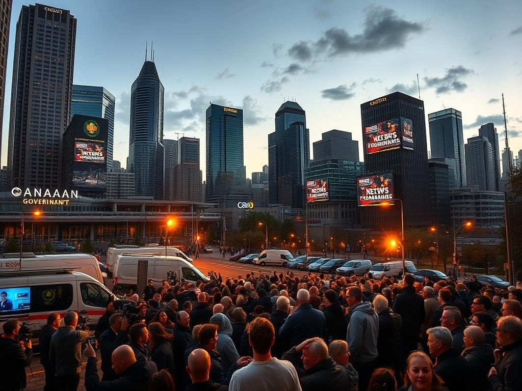 A bustling Canadian city skyline at dusk, with towering skyscrapers and news vans parked outside government buildings. In the foreground, a crowd of people gathered around TV crews and journalists, gesticulating and expressing reactions to a developing news story. The lighting is dramatic, with golden hour tones and shadows cast by streetlamps. The scene captures the energy and excitement of the media coverage, as well as the diverse public sentiment - some expressions of interest, others of concern or skepticism. Across the cityscape, LED screens on office buildings display breaking news headlines, adding to the sense of immediacy and widespread public engagement. A bustling Canadian city skyline at dusk, with towering skyscrapers and news vans parked outside government buildings. In the foreground, a crowd of people gathered around TV crews and journalists, gesticulating and expressing reactions to a developing news story. The lighting is dramatic, with golden hour tones and shadows cast by streetlamps. The scene captures the energy and excitement of the media coverage, as well as the diverse public sentiment - some expressions of interest, others of concern or skepticism. Across the cityscape, LED screens on office buildings display breaking news headlines, adding to the sense of immediacy and widespread public engagement.