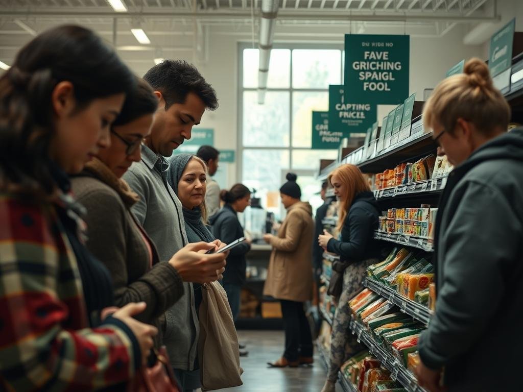A bustling Canadian grocery store captures the essence of consumer behavior and spending amidst rising food costs. In the foreground, shoppers of diverse backgrounds meticulously examine price tags, their expressions reflecting concern and contemplation. Middle of the scene features shelves stocked with food items, some visibly marked with climbing prices, as discount signs hint at changing spending patterns. The background showcases a barista at a coffee shop, engaging with customers over budget-friendly options, emphasizing community response to economic shifts. Soft, natural lighting pours in through large windows. The atmosphere conveys a mix of urgency and adaptability, highlighting the economic impact on daily life in Canada. The image is shot from a slight low angle to evoke a sense of immersion in the consumer experience, without captions or distractions. A bustling Canadian grocery store captures the essence of consumer behavior and spending amidst rising food costs. In the foreground, shoppers of diverse backgrounds meticulously examine price tags, their expressions reflecting concern and contemplation. Middle of the scene features shelves stocked with food items, some visibly marked with climbing prices, as discount signs hint at changing spending patterns. The background showcases a barista at a coffee shop, engaging with customers over budget-friendly options, emphasizing community response to economic shifts. Soft, natural lighting pours in through large windows. The atmosphere conveys a mix of urgency and adaptability, highlighting the economic impact on daily life in Canada. The image is shot from a slight low angle to evoke a sense of immersion in the consumer experience, without captions or distractions.