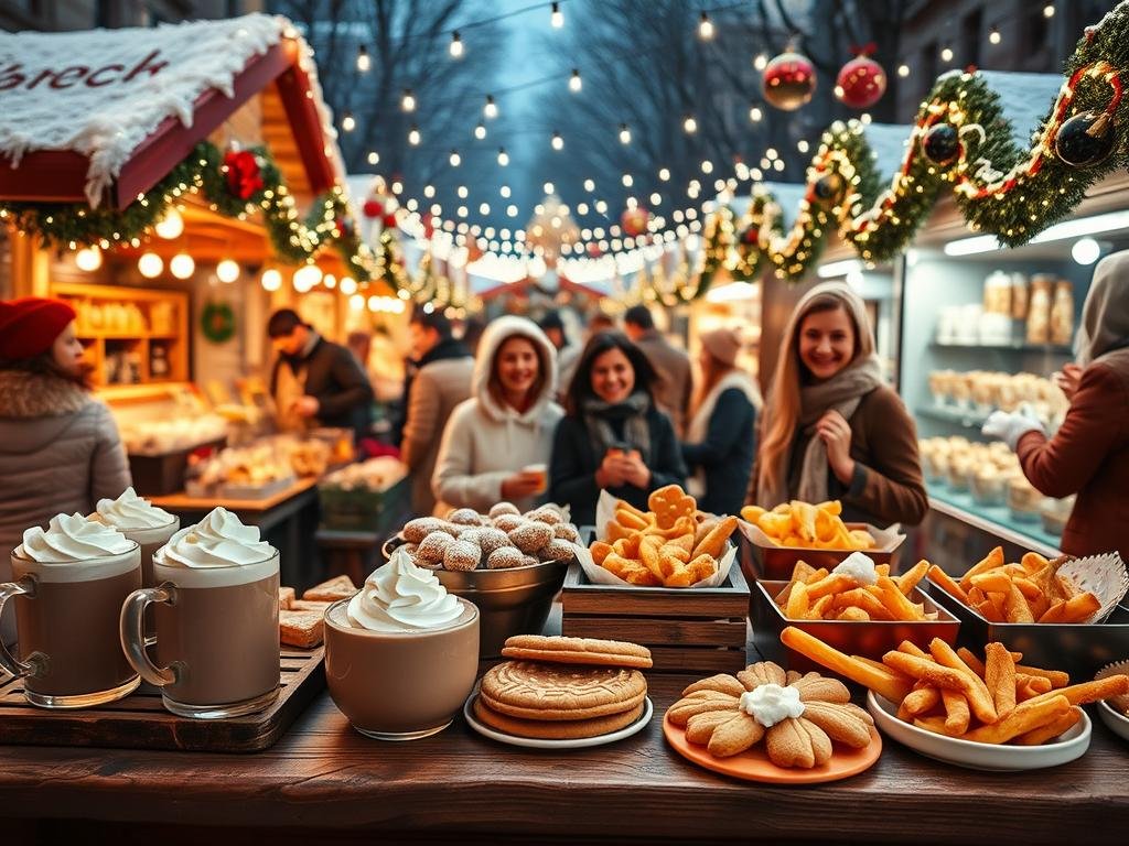 A bustling Montreal Christmas market filled with festive stalls displaying a variety of seasonal treats and comfort bites. In the foreground, a wooden table laden with delicious items like hot chocolate topped with whipped cream, gingerbread cookies, and steaming plates of poutine. The middle ground showcases cheerful vendors in cozy winter attire, smiling as they serve customers. Strings of twinkling lights illuminate the scene, creating a warm and inviting atmosphere. The background features charming stalls decorated with garlands and bright ornaments, with snow gently falling. The composition should capture the joy and magic of holiday culinary delights, with soft, ambient lighting emphasizing the comforting feel of the market. Shot from a slightly elevated angle to create depth and enhance the festive experience.