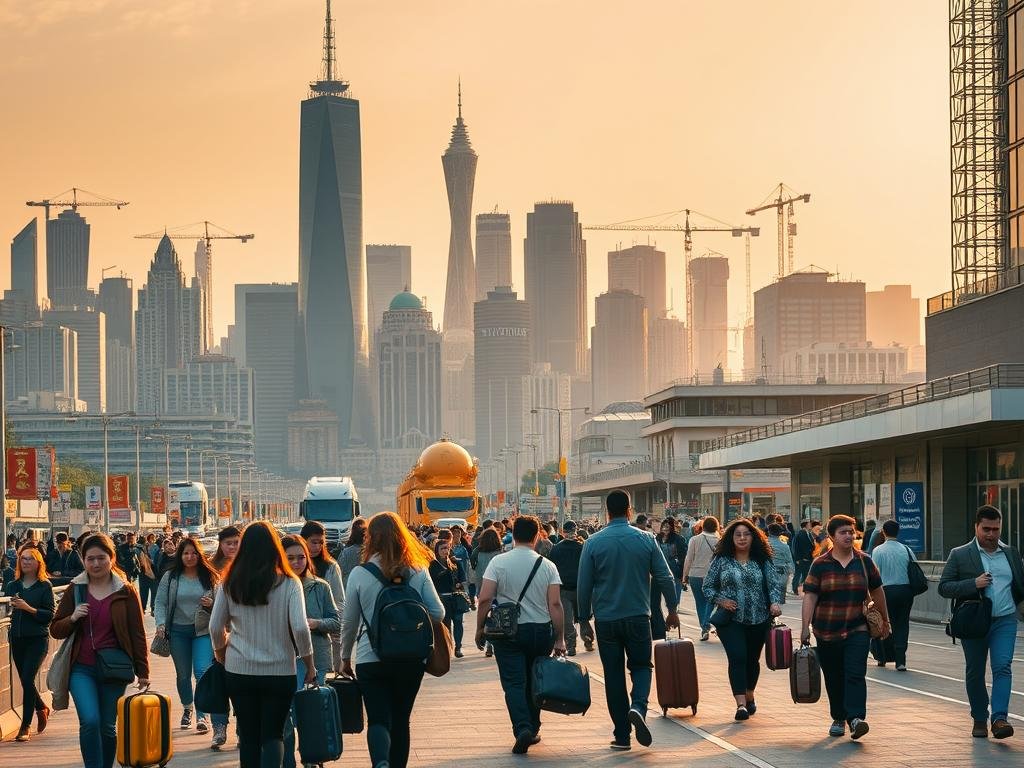 A bustling city skyline, towering skyscrapers and cranes punctuating the horizon. In the foreground, people of diverse backgrounds navigating the streets, suitcases in hand, representing the flow of interprovincial migration. The middle ground depicts a dynamic job market, with recruitment signs and office buildings, conveying the workforce pressures. Warm, golden lighting bathes the scene, creating an atmosphere of opportunity and economic vibrancy, yet tinged with a sense of uncertainty. The overall composition captures the complex interplay between population movement and labor demands, a visual metaphor for the challenges faced by policymakers.