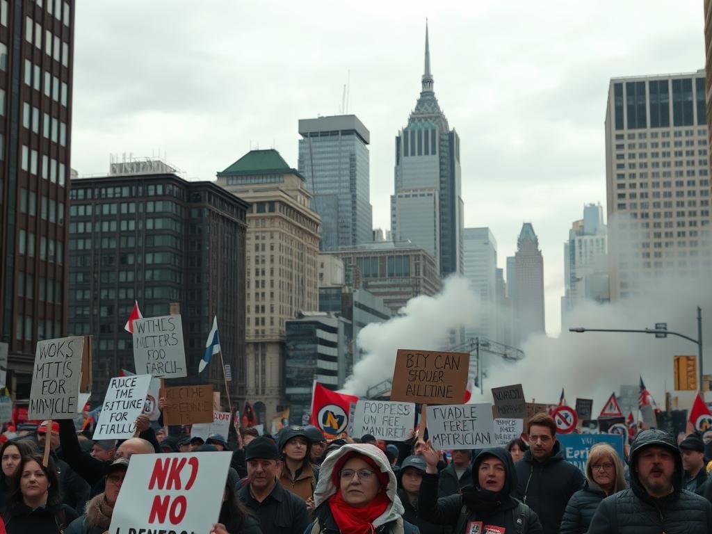 A bustling cityscape of Montreal, the backdrop of a citywide labor strike. In the foreground, a group of protesters waving placards and chanting slogans, their faces determined. Smoke billows from the distance, hinting at the broader unrest. The sky is overcast, casting a somber tone, while the buildings and infrastructure stand as silent witnesses to the events unfolding. Captured through a telephoto lens, the scene conveys the tension and energy of this pivotal moment in the city's history, where workers' rights and the future of transportation take center stage. A bustling cityscape of Montreal, the backdrop of a citywide labor strike. In the foreground, a group of protesters waving placards and chanting slogans, their faces determined. Smoke billows from the distance, hinting at the broader unrest. The sky is overcast, casting a somber tone, while the buildings and infrastructure stand as silent witnesses to the events unfolding. Captured through a telephoto lens, the scene conveys the tension and energy of this pivotal moment in the city's history, where workers' rights and the future of transportation take center stage.