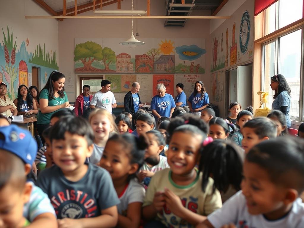 A bustling community center, bathed in warm natural light, with vibrant murals adorning the walls. In the foreground, a group of children engaged in various educational and recreational activities, their faces alight with joy and wonder. In the middle ground, volunteers and staff members coordinate efforts, ensuring a smooth and impactful operation. In the background, a glimpse of the city skyline, a reminder of the wider community this center serves. The atmosphere is one of empowerment, inclusivity, and the transformative power of community investment. A powerful representation of the Jays Care Foundation's mission to enrich the lives of underprivileged youth. A bustling community center, bathed in warm natural light, with vibrant murals adorning the walls. In the foreground, a group of children engaged in various educational and recreational activities, their faces alight with joy and wonder. In the middle ground, volunteers and staff members coordinate efforts, ensuring a smooth and impactful operation. In the background, a glimpse of the city skyline, a reminder of the wider community this center serves. The atmosphere is one of empowerment, inclusivity, and the transformative power of community investment. A powerful representation of the Jays Care Foundation's mission to enrich the lives of underprivileged youth.