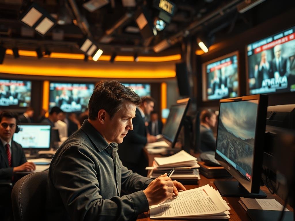 A bustling newsroom, dimly lit with a warm, investigative atmosphere. In the foreground, a journalist intently poring over files and documents, their face illuminated by the glow of a computer screen. Behind them, editors and producers engaged in animated discussions, phones ringing, papers rustling. In the background, large screens display news headlines and footage, hinting at the powerful and often controversial nature of the story being covered. The scene conveys the weight of media responsibility, the public's insatiable appetite for information, and the delicate balance of ethical reporting.