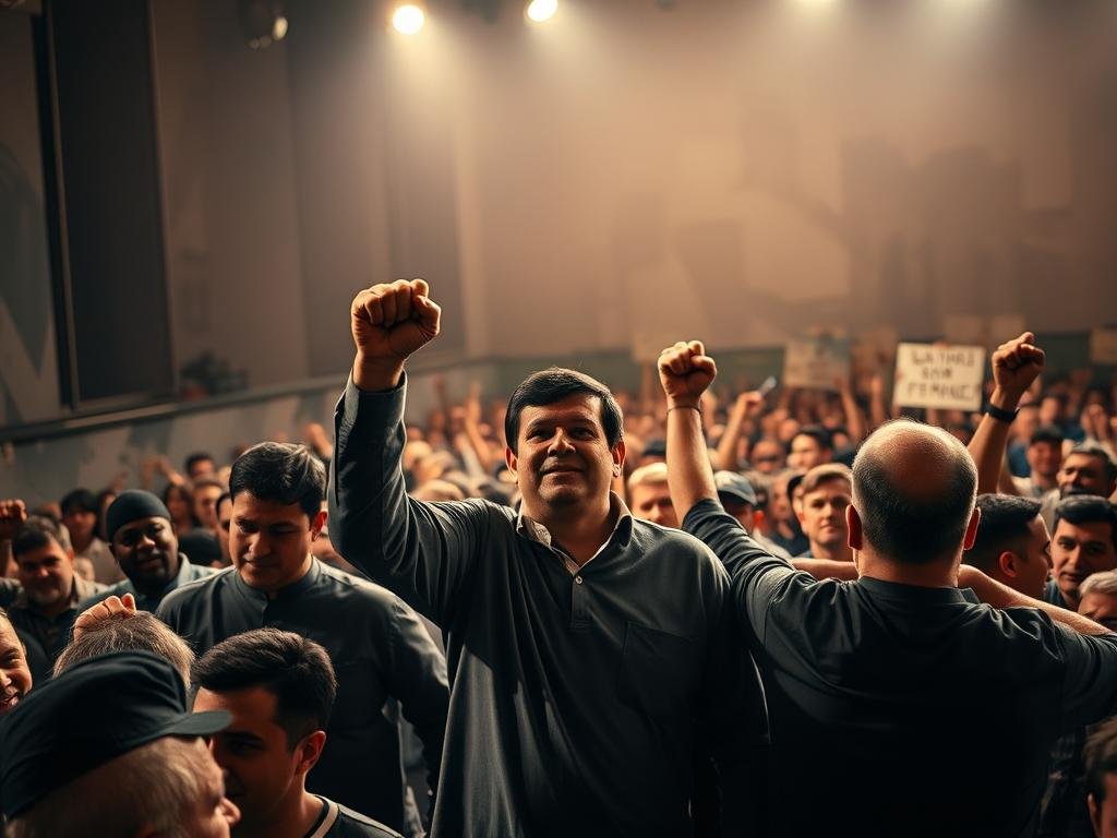 A bustling political rally, the stage alight with energy as opposition party leaders stride forward, fists raised in defiant solidarity. The foreground captures their impassioned expressions, conveying a sense of determination and a readiness to seize the moment. In the middle ground, a sea of supporters cheers and waves placards, their faces illuminated by the warm glow of spotlights. The background fades into an abstract, textured cityscape, hinting at the broader political landscape in flux. The scene is captured with a wide-angle lens, emphasizing the scale and momentum of the event, while soft, directional lighting casts dramatic shadows, lending an air of gravity and urgency to the proceedings. A bustling political rally, the stage alight with energy as opposition party leaders stride forward, fists raised in defiant solidarity. The foreground captures their impassioned expressions, conveying a sense of determination and a readiness to seize the moment. In the middle ground, a sea of supporters cheers and waves placards, their faces illuminated by the warm glow of spotlights. The background fades into an abstract, textured cityscape, hinting at the broader political landscape in flux. The scene is captured with a wide-angle lens, emphasizing the scale and momentum of the event, while soft, directional lighting casts dramatic shadows, lending an air of gravity and urgency to the proceedings.