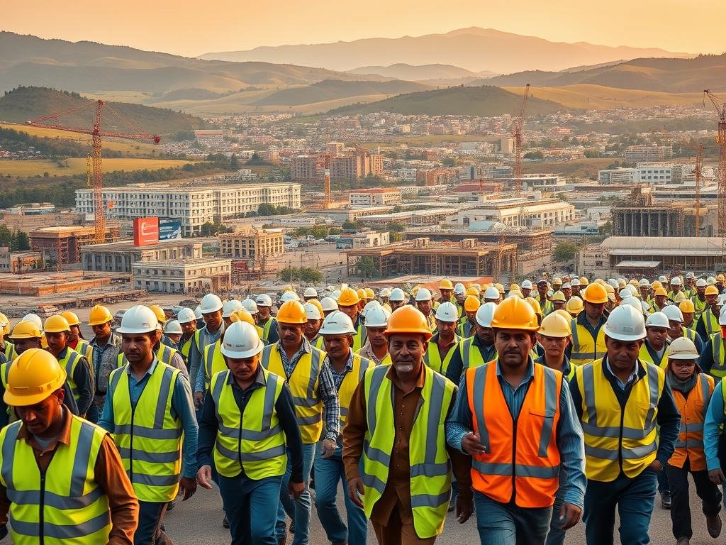 A bustling provincial labor market, captured in vivid detail. In the foreground, workers in high-vis vests and hard hats move with purpose, their faces resolute as they engage in various construction and industrial activities. The middle ground reveals an array of regional economic hubs, each with its unique architectural style and thriving commercial districts. In the background, rolling hills and verdant landscapes provide a natural backdrop, hinting at the diverse resources and geographic advantages that fuel these provincial powerhouses. Warm, diffused lighting casts a golden glow, conveying a sense of productivity and optimism. The overall scene evokes a dynamic, multifaceted provincial labor market, poised for growth and opportunity. A bustling provincial labor market, captured in vivid detail. In the foreground, workers in high-vis vests and hard hats move with purpose, their faces resolute as they engage in various construction and industrial activities. The middle ground reveals an array of regional economic hubs, each with its unique architectural style and thriving commercial districts. In the background, rolling hills and verdant landscapes provide a natural backdrop, hinting at the diverse resources and geographic advantages that fuel these provincial powerhouses. Warm, diffused lighting casts a golden glow, conveying a sense of productivity and optimism. The overall scene evokes a dynamic, multifaceted provincial labor market, poised for growth and opportunity.