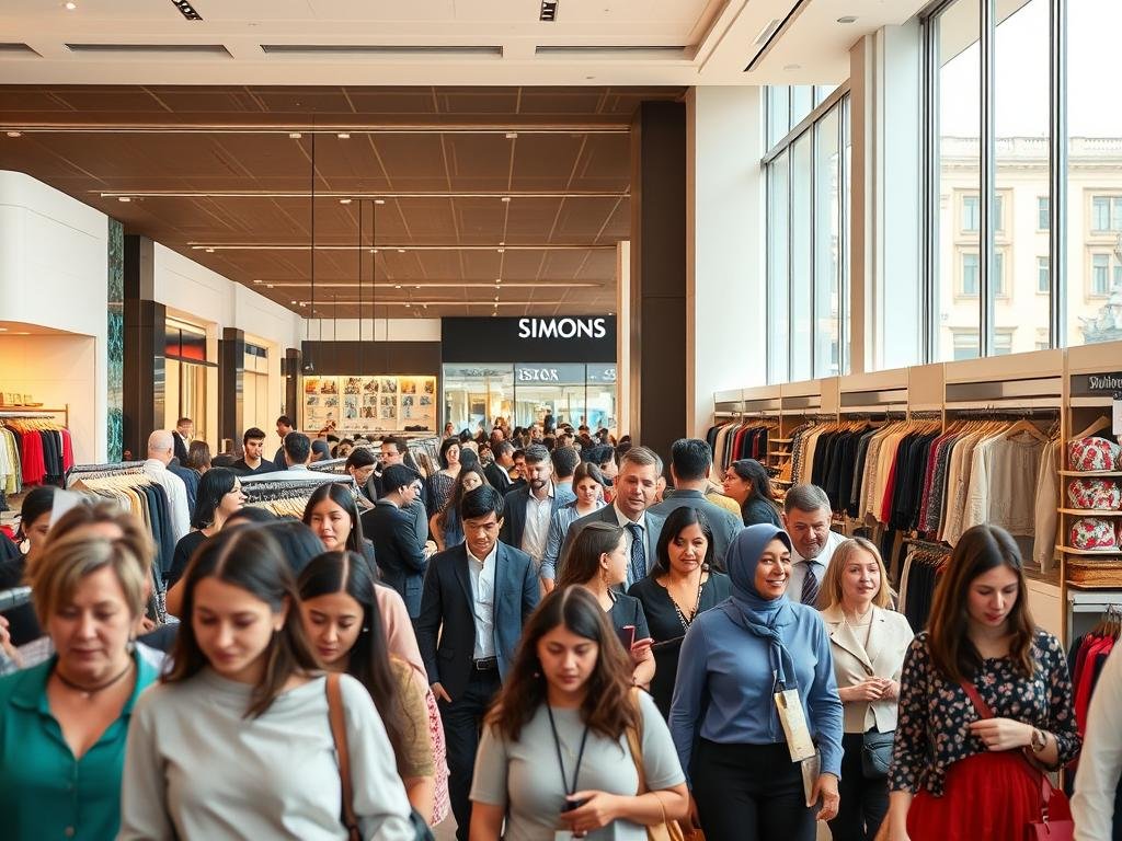 A bustling retail scene illustrating customer demand and retail trends at Simons Pointe-Claire. In the foreground, a diverse group of shoppers, dressed in professional business attire and modest casual clothing, explore a vibrant store filled with stylish clothing displays. The middle ground showcases organized shelves of various apparel and accessory sections, with a few customers engaging with attentive sales associates. In the background, large windows allow warm, natural light to flood the space, creating a welcoming atmosphere, while glimpses of the Pointe-Claire Mall's architecture provide context. The angle is slightly elevated, capturing both the lively interaction among shoppers and the inviting layout of the store, evoking a sense of excitement and community engagement. A bustling retail scene illustrating customer demand and retail trends at Simons Pointe-Claire. In the foreground, a diverse group of shoppers, dressed in professional business attire and modest casual clothing, explore a vibrant store filled with stylish clothing displays. The middle ground showcases organized shelves of various apparel and accessory sections, with a few customers engaging with attentive sales associates. In the background, large windows allow warm, natural light to flood the space, creating a welcoming atmosphere, while glimpses of the Pointe-Claire Mall's architecture provide context. The angle is slightly elevated, capturing both the lively interaction among shoppers and the inviting layout of the store, evoking a sense of excitement and community engagement.
