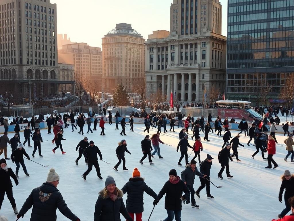 A bustling winter scene in Montreal's iconic Quartier des Spectacles. In the foreground, figures glide across an outdoor rink, their movements choreographed with grace and determination. Crisscrossing lines of skaters weave a tapestry of resilience, each player assuming their vital role within the team. The middle ground is a patchwork of colorful jackets, scarves, and hats, capturing the diversity and community spirit of the city. In the background, the towering facades of historic buildings stand as silent witnesses, their architectural lines echoing the rhythmic flow of the game. Warm lighting filters through the frosty air, casting a golden glow and imbuing the entire scene with a sense of warmth and perseverance.
