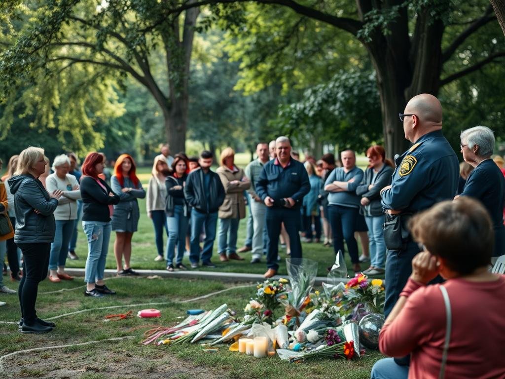 A busy community park scene, with people gathered in small groups, discussing and gesturing animatedly. In the foreground, a group of concerned residents listen intently as a police officer addresses them, conveying a sense of public safety messaging. The middle ground features a makeshift memorial, with flowers and candles, hinting at the incident that drew the community together. The background depicts the park's lush greenery, providing a serene contrast to the solemn mood. Soft, diffused lighting filters through the trees, creating a pensive atmosphere. The camera angle is slightly elevated, capturing the sense of community response and the importance of the public's role in the unfolding events.