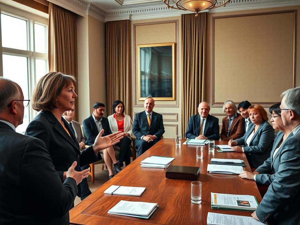 A calm, intellectual setting in an elegant conference room, focusing on a diverse group of professionals engaged in a discussion about policy change. In the foreground, a middle-aged woman in a smart suit gestures passionately, conveying the urgency of the topic. Surrounding her are representatives from various Commonwealth countries, each dressed in professional business attire, looking attentive and contemplative. The middle ground shows a large wooden table laden with documents and reports, symbolizing the collaborative nature of policy advocacy. In the background, a window reveals a serene Canadian landscape, hinting at inclusivity and the connection to local culture. Soft, natural lighting filters in, creating a serious yet hopeful atmosphere, ideal for stimulating thoughtful dialogue on consent rules.