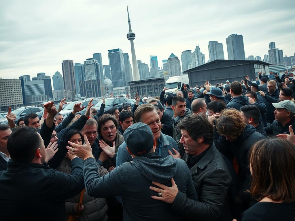 A chaotic scene unfolds in a bustling cityscape, with the towering skyline of Montreal in the background. In the foreground, a heated confrontation between guests and employees erupts, tensions palpable in the crisp, cool lighting of an urban drama. Angry gestures and exasperated expressions convey a sense of conflict and unrest, as the news of Sonder's downfall ripples through the city and across the Atlantic to London. The composition is dynamic, with figures in motion captured through a cinematic, documentary-style lens, lending a sense of immediacy and urgency to the event. The muted color palette and dramatic shadows create an atmosphere of uncertainty and high stakes, befitting the subject matter.