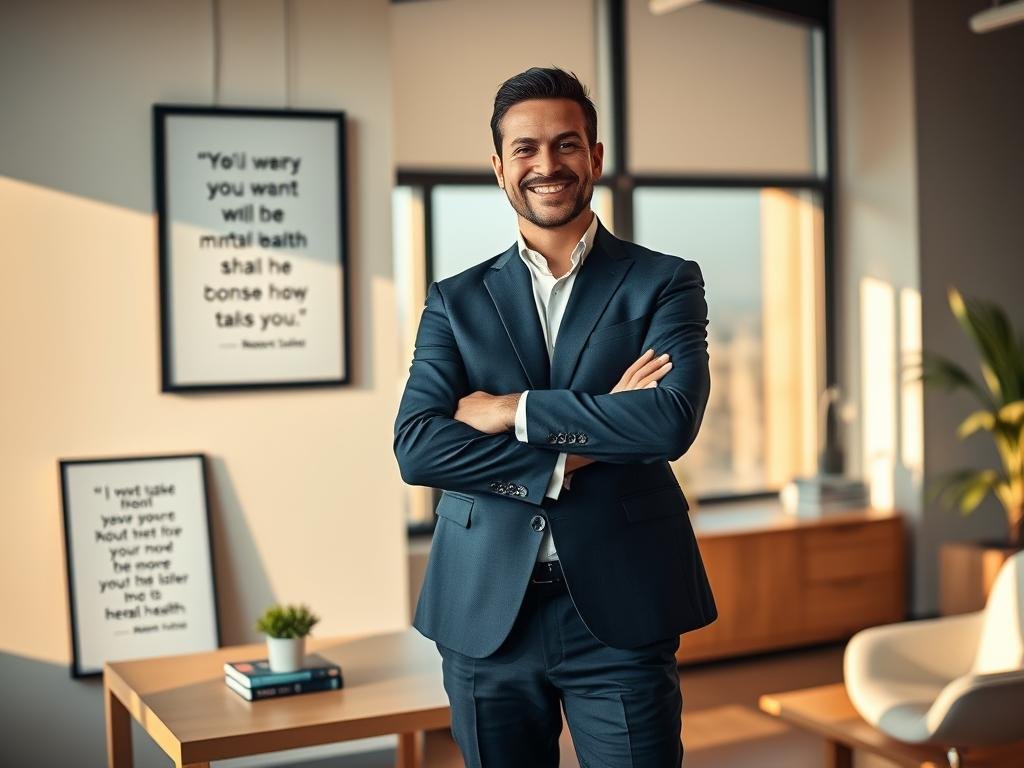 A confident resilience expert stands in a modern office, emanating calm and strength. He wears a tailored navy suit with a crisp white shirt, symbolizing professionalism. His posture is upright, with crossed arms and a gentle, encouraging smile that reflects empathy and understanding. In the foreground, a framed poster of motivational quotes about mental health is visible on the wall, subtly hinting at his advocacy work. The middle ground features a sleek wooden desk with a few motivational books and a small potted plant, symbolizing growth. In the background, large windows let in warm, natural light, casting soft shadows, creating a serene atmosphere. The overall mood is inspiring and uplifting, encapsulating the spirit of resilience and mental health advocacy. The image is shot from a slightly low angle to convey authority and presence. A confident resilience expert stands in a modern office, emanating calm and strength. He wears a tailored navy suit with a crisp white shirt, symbolizing professionalism. His posture is upright, with crossed arms and a gentle, encouraging smile that reflects empathy and understanding. In the foreground, a framed poster of motivational quotes about mental health is visible on the wall, subtly hinting at his advocacy work. The middle ground features a sleek wooden desk with a few motivational books and a small potted plant, symbolizing growth. In the background, large windows let in warm, natural light, casting soft shadows, creating a serene atmosphere. The overall mood is inspiring and uplifting, encapsulating the spirit of resilience and mental health advocacy. The image is shot from a slightly low angle to convey authority and presence.
