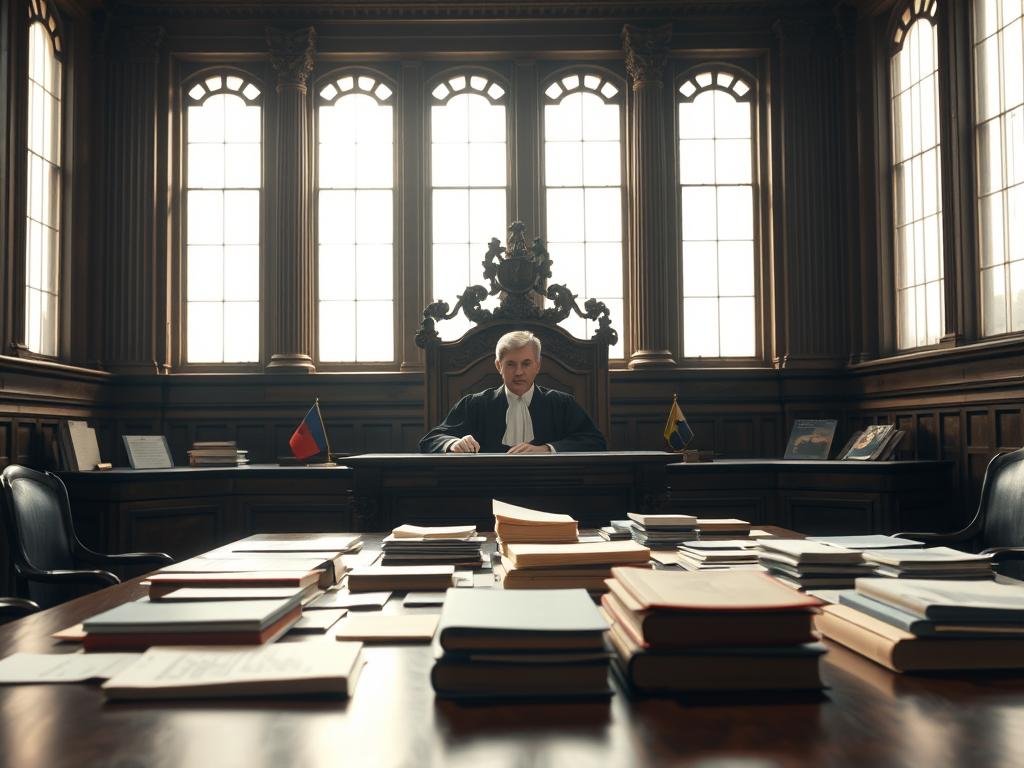 A courtroom scene capturing the essence of "Inside the Third Trial: Judge-Alone Proceedings and Evidence Review." In the foreground, focus on a lone judge seated at an ornate wooden bench, dressed in traditional judicial robes. The judge's expression is serious, reflecting the weight of the proceedings. In the middle ground, a large table is strewn with evidence files, papers, and legal books, illustrating the thorough review process. The background features tall, imposing windows letting in soft, diffused natural light, casting shadows that enhance the somber atmosphere. The overall mood is tense yet focused, with a subtle play of light and shadow, emphasizing the gravity of the trial. The image should be rendered with a realistic lens effect, creating an intimate yet professional environment.