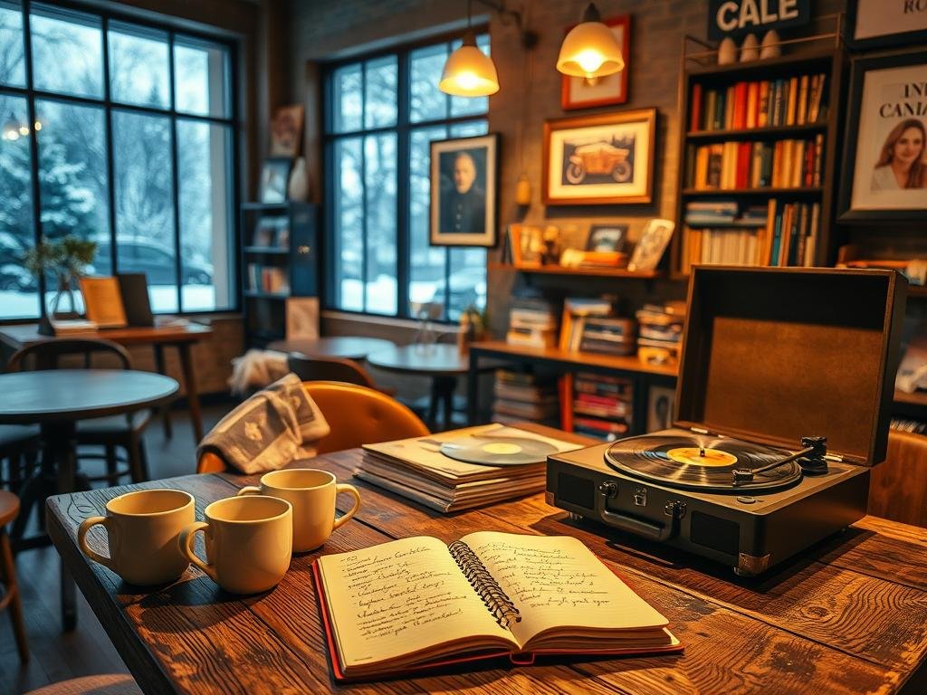 A cozy, inviting scene inside a Canadian café, inspired by the iconic Vinyl Café. In the foreground, a weathered wooden table is adorned with steaming coffee cups and an open notebook filled with handwritten notes. A vintage record player is prominently featured, playing classic Canadian tunes, with vinyl records artfully scattered around. In the middle ground, the warm ambiance is complemented by soft, golden lighting that illuminates shelves filled with books and memorabilia, including framed photos of beloved Canadian stories. In the background, large windows show a snowy winter scene outside, creating a sense of nostalgia and connection to Canadian culture. The overall mood is warm, heartfelt, and reflective, evoking the spirit of storytelling cherished by many.