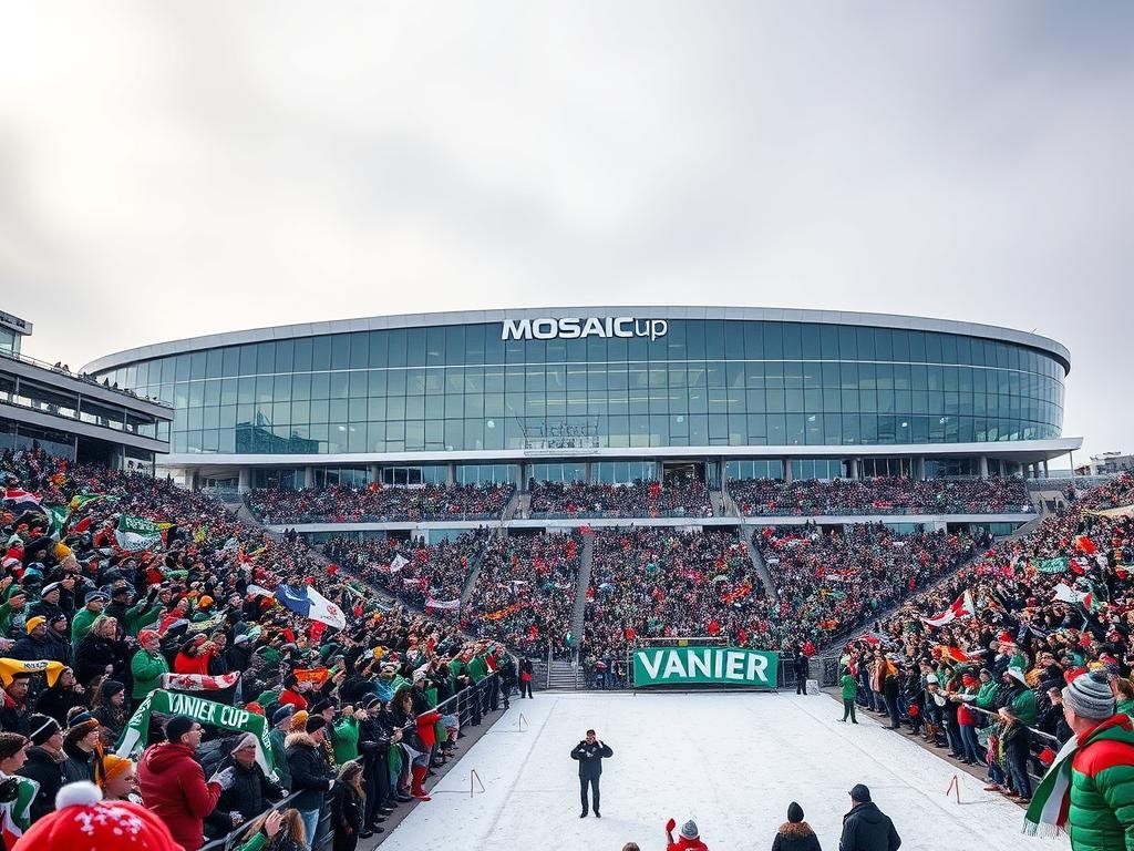 A crisp winter day in Regina, Saskatchewan. Snowflakes drift gently across the iconic Mosaic Stadium, its modern architecture gleaming under the soft overcast sky. Thousands of passionate Huskies and Carabins fans pack the stands, their cheers and chants echoing through the air. The vibrant team colors and face-painted supporters create a palpable energy, as fans wave banners and scarves in anticipation of the Vanier Cup clash. Dramatic shadows and highlights illuminate the dynamic scene, capturing the electric atmosphere of this beloved Canadian football tradition.