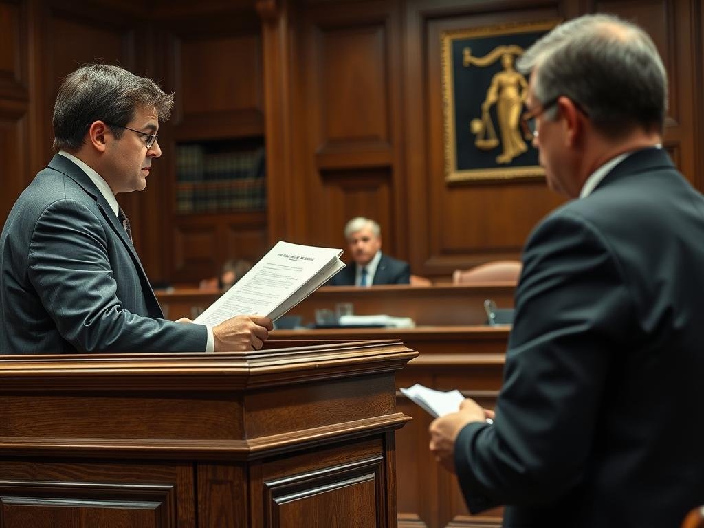 A detailed courtroom scene showcasing expert testimony in a high-profile trial. In the foreground, a wooden witness stand with a serious-looking expert witness, dressed in professional business attire, presenting documents on a podium. In the middle, a judge and jury attentively observing the proceedings, with a focus on the judge, a middle-aged individual with glasses, conveying authority and concern. The background features a traditional courtroom with wooden paneling, law books on shelves, and a subtle hint of a courtroom art piece reflecting justice. The lighting is soft and focused, illuminating the witness stand while casting gentle shadows, creating a somber yet intense atmosphere that conveys the gravity of the situation. The angle captures the tension of the moment without any distractions.