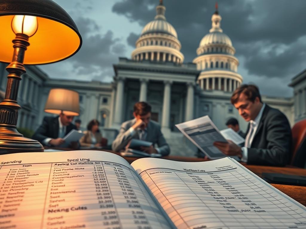 A detailed, high-resolution illustration of the fiscal plan's inner workings. In the foreground, a ledger with columns for spending, deficits, and workforce cuts, illuminated by a warm desk lamp. In the middle ground, a team of analysts poring over financial reports and models, expressions serious yet focused. In the background, a towering government building, its facade imposing yet slightly weathered, suggesting the weight of financial decisions. The overall scene conveys a sense of gravity and complexity, as the fiscal plan's intricate mechanisms are laid bare for scrutiny. Cinematic lighting casts dramatic shadows, heightening the sense of importance. A realistic, high-quality visualization that captures the essence of the section title.