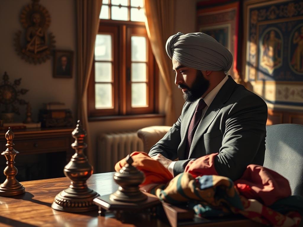 A detailed interior scene depicting a serene room where a Sikh man, dressed in elegant, modest business attire, is carefully wearing his turban as part of an intimate ritual. In the foreground, intricate Sikh artifacts and a selection of colorful turbans are artistically arranged on a wooden table. The middle ground features the man in profile, focused and serene, as he wraps the fabric around his head with precision. Natural light filters through a window, casting soft shadows and creating a warm, inviting atmosphere. The background includes traditional Sikh spiritual symbols and vibrant textiles that reflect Sikh culture and heritage, enhancing the overall sense of reverence and personal reflection in the scene. The mood is contemplative, highlighting the significance of the turban in Sikh identity.