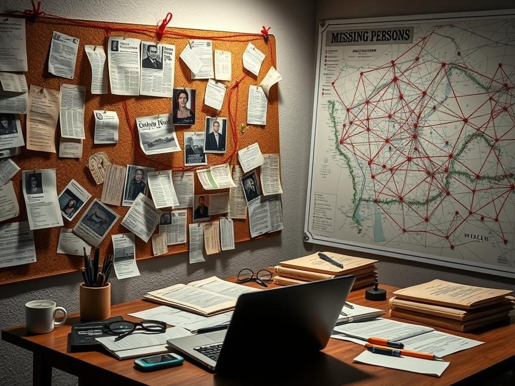 A detailed investigative crime scene, illuminated by soft, diffused lighting. In the foreground, a corkboard displays a web of evidence - newspaper clippings, photographs, and handwritten notes, all connected by red strings. The middle ground features a desk with a laptop, open files, and an array of magnifying glasses, pens, and highlighters, suggesting an ongoing analysis of the case. In the background, a large map of the region with pins and markers, providing context to the investigation. The overall atmosphere is one of intense focus and dedication, as the investigators piece together the notable threads of this high-profile missing persons case.