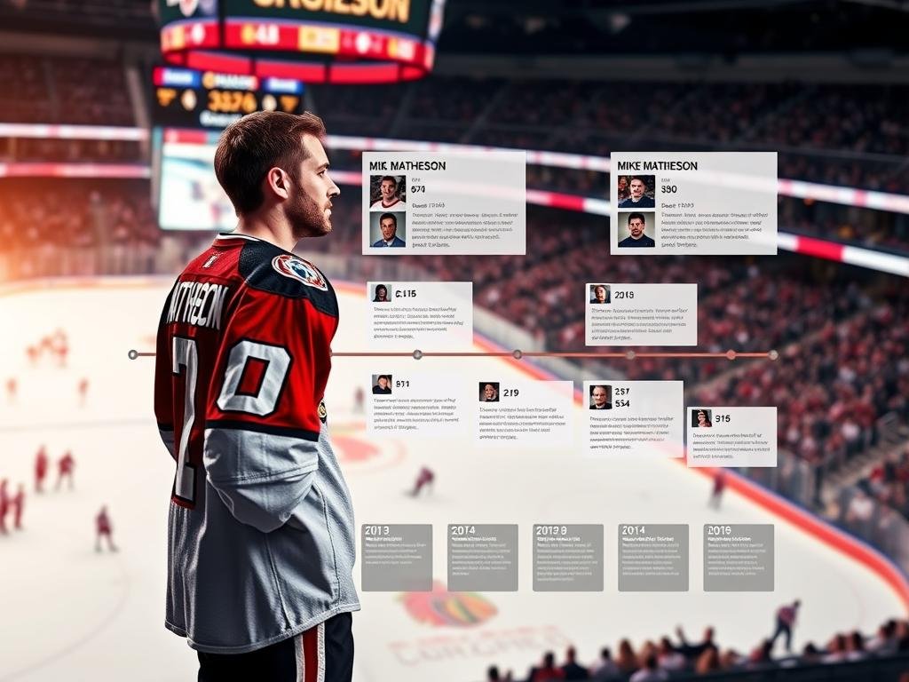 A detailed timeline of the Mike Matheson trade, showcased against a backdrop of a sports arena. In the foreground, Matheson's jersey-clad figure stands tall, his performance statistics displayed beside him in a sleek, data-driven visualization. The middle ground features a series of news headlines and player profiles, charting the key events and team dynamics leading up to the trade. The background depicts the bustling atmosphere of a professional hockey game, with the arena's stands filled with cheering fans and the ice rink's crisp, reflective surface adding depth and dimension to the scene. Soft, warm lighting illuminates the composition, creating a sense of energy and anticipation. The overall tone is authoritative, data-driven, and visually compelling, perfectly capturing the essence of the "Mike Matheson trade timeline and performance snapshot" section.