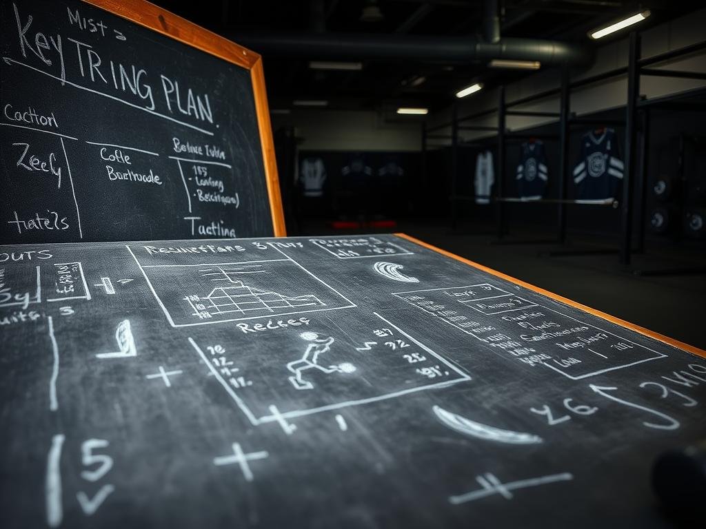 A detailed training plan laid out on a weathered chalkboard, outlining key locations and exercises for a professional hockey player's regimen. The foreground shows a close-up of the chalkboard, with handwritten notes, diagrams, and schedules scrawled in chalk against a lightly worn surface. The middle ground reveals a dimly lit, industrial-style gym setting, with weights, training equipment, and jerseys hanging on the walls. The background softly suggests a sense of focus and dedication, with muted lighting casting long shadows across the space.