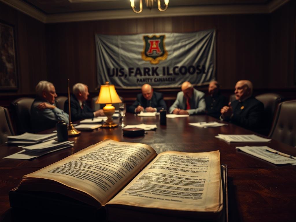 A dimly lit conference room, illuminated by the soft glow of a table lamp. In the foreground, a weathered party rulebook lies open, its pages casting shadows on the polished wooden surface. Surrounding it, scattered documents and hastily scrawled notes suggest an atmosphere of intense deliberation. In the middle ground, a group of party elders sit in tense discussion, their faces half-obscured by the muted lighting, conveying a sense of gravity and unease. In the background, a large banner emblazoned with the party's insignia hangs on the wall, hinting at the high stakes of the leadership convention unfolding. The overall scene evokes a sense of transition, uncertainty, and the weight of history bearing down on the interim choices that will shape the party's future.