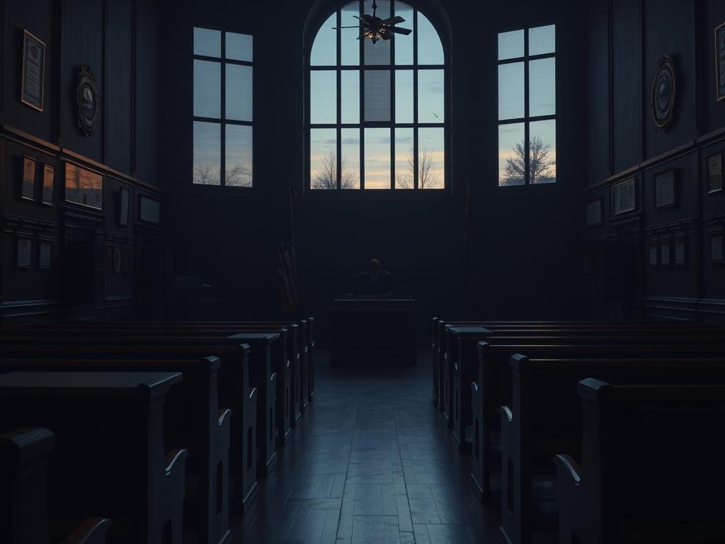 A dimly lit courthouse interior, with rows of wooden benches and a witness stand in the foreground. On the walls, framed certificates and law enforcement emblems. In the middle ground, a judge's bench shrouded in shadow, casting an austere presence. Through the tall windows, the fading light of dusk filters in, creating a somber atmosphere. The scene conveys a sense of gravity and unresolved tension, as if the documents being examined hold the key to unanswered questions surrounding a mysterious disappearance.