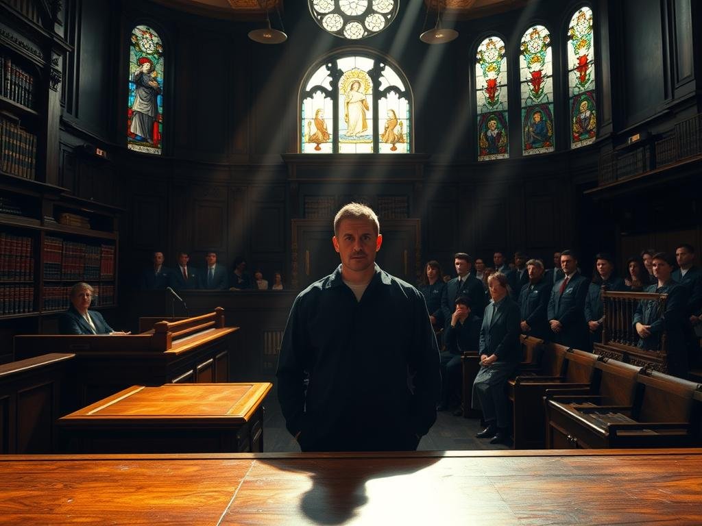 A dimly lit courtroom, the solemnity of the setting palpable. In the foreground, a judge's bench, its oak surface scarred by the weight of countless sentences passed. Behind it, a wall of law books, their spines a testament to the complexity of the Canadian legal system. Rays of sunlight filter through stained glass windows, casting an ethereal glow on the proceedings. In the middle ground, a defendant stands, their face etched with uncertainty, awaiting the judge's pronouncement on sentencing and parole ineligibility. The atmosphere is heavy with the gravity of the decision, the air thick with the tension of justice tempered by mercy. In the background, the gallery of observers, their expressions reflecting the gravity of the moment, a reminder of the far-reaching impact of the court's ruling.
