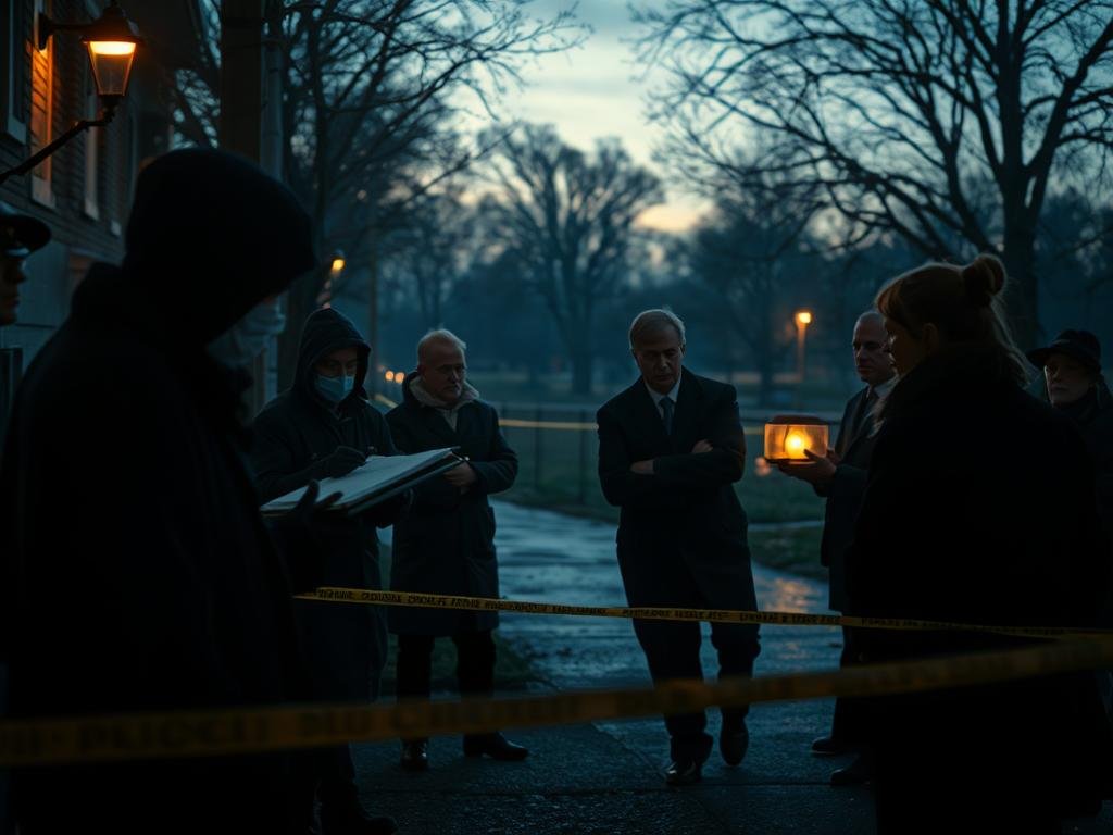 A dimly lit crime scene, the air thick with tension. In the foreground, a team of forensic investigators meticulously documents and collects evidence, their movements precise and purposeful. The middle ground reveals a group of witnesses, expressions somber, recounting their accounts to a detective, their words captured in the subtle gestures of their hands. In the background, the scene is framed by the looming presence of the Brossard Park, its trees casting long shadows across the ground, as if bearing witness to the unfolding events. The lighting is a mix of warm, artificial illumination and the cool, natural glow of the evening sky, creating a sense of somber, cinematic atmosphere. The camera angle is slightly elevated, lending a sense of gravity and importance to the scene.