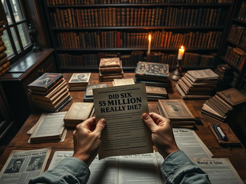 A dimly lit historical study room with a wooden desk covered in various pamphlets, prominently featuring the "Did Six Million Really Die?" pamphlet. The foreground shows a pair of hands delicately examining the pamphlet, with a somber expression reflecting the seriousness of its content. In the middle, stacks of old books and documents related to the Holocaust are arranged, creating a feeling of scholarly research. The background features a bookshelf filled with outdated history texts, and a flickering candle casting warm light, enhancing the atmosphere of contemplation and controversy. The scene is shot from a slightly angled overhead perspective, creating depth and focusing on the pamphlet. The overall mood is serious and reflective, capturing the contentious nature of the subject matter.