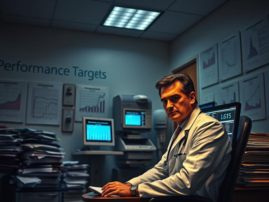 A dimly lit medical office, the walls adorned with charts and graphs depicting performance targets. In the foreground, a physician sits at a desk, brow furrowed in contemplation, surrounded by stacks of files and a computer screen filled with data. The lighting casts a somber, pensive mood, underscoring the physician's concerns over the impact of these metrics on patient care. The middle ground features medical equipment, suggesting the doctor's role in delivering high-quality healthcare, while the background hints at the larger healthcare system with its complex administrative demands. The scene evokes a sense of tension between the physician's dedication to their patients and the external pressures they face to meet quantifiable targets.
