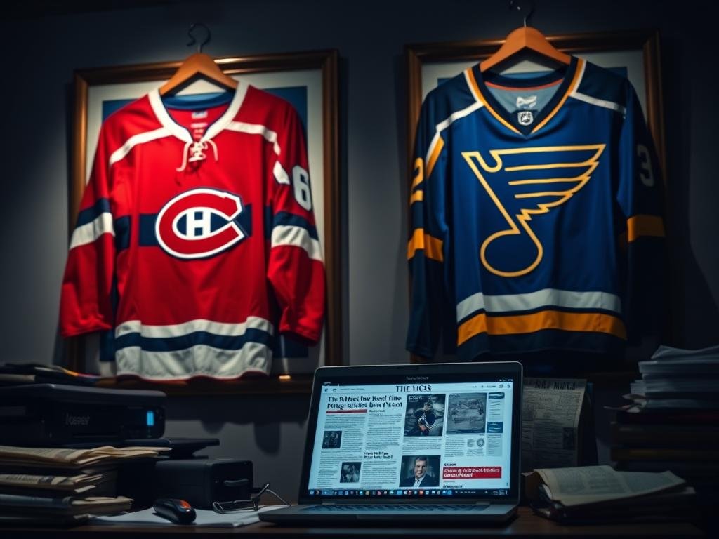 A dimly lit office space, with a pair of framed hockey jerseys hanging on the wall. One is the iconic red, white, and blue jersey of the Montreal Canadiens, the other the distinctive blue and gold of the St. Louis Blues. On a cluttered desk, a laptop displays news articles, their headlines hinting at trade rumors and cross-market speculation. The lighting casts a pensive, almost clandestine atmosphere, as if the viewer has stumbled upon a scene of strategic maneuvering in the world of professional hockey. The foreground is focused on the jerseys and the laptop, while the background is blurred, suggesting a sense of secrecy and intrigue.