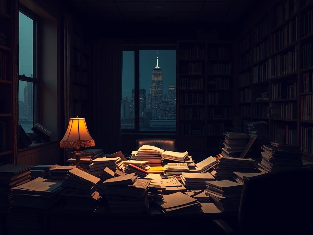 A dimly lit office, the air thick with the weight of unresolved legal disputes. In the foreground, a cluttered desk overflows with files and documents, hinting at the complex web of civil lawsuits and asset transfers that unfolded before Probst's untimely demise. The walls are lined with bookshelves, casting long shadows that lend an ominous atmosphere to the scene. Through the window, the city skyline looms, a reminder of the broader context in which these events transpired. The lighting is somber, with a warm glow from a single desk lamp illuminating the chaos, lending a sense of urgency and unease to the proceedings. The overall composition conveys the intricate, high-stakes nature of the legal disputes that preceded the tragedy.