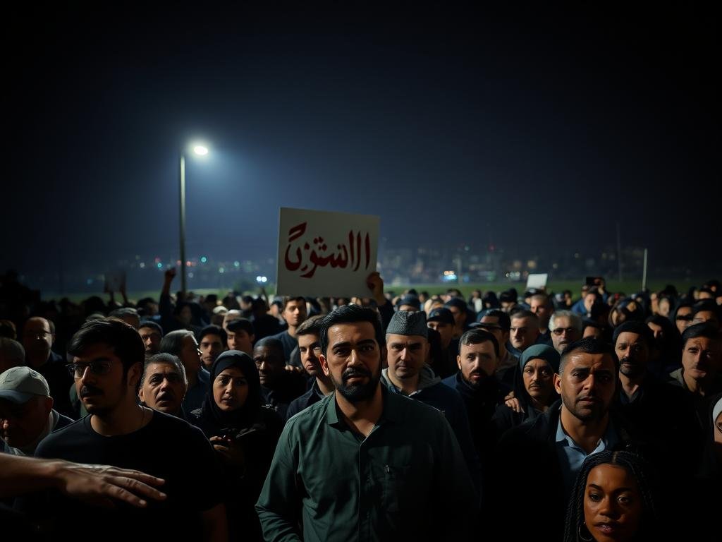A dimly lit public gathering, with a diverse crowd of individuals from various backgrounds. In the foreground, three figures stand out prominently: Nitchell Lapaix, Tarek Youssef Baydoun, and a symbol representing "Arab power." The lighting casts dramatic shadows, adding a sense of gravity and weight to the scene. The middle ground features a blend of faces, expressions, and gestures, reflecting the public discourse and debate surrounding these individuals and their causes. In the background, a hazy cityscape sets the stage, hinting at the larger societal context. The overall atmosphere conveys a sense of tension, discourse, and the complexity of contemporary public discourse. A dimly lit public gathering, with a diverse crowd of individuals from various backgrounds. In the foreground, three figures stand out prominently: Nitchell Lapaix, Tarek Youssef Baydoun, and a symbol representing "Arab power." The lighting casts dramatic shadows, adding a sense of gravity and weight to the scene. The middle ground features a blend of faces, expressions, and gestures, reflecting the public discourse and debate surrounding these individuals and their causes. In the background, a hazy cityscape sets the stage, hinting at the larger societal context. The overall atmosphere conveys a sense of tension, discourse, and the complexity of contemporary public discourse.