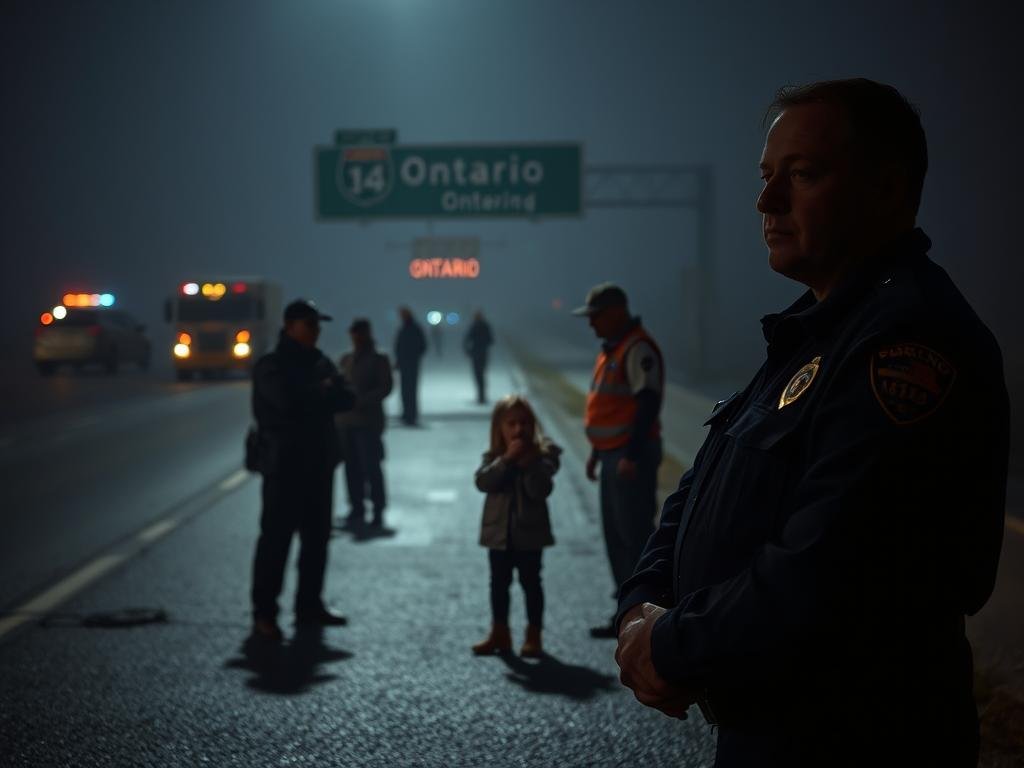 A dimly lit scene with a sense of uncertainty and investigation. In the foreground, a police officer standing pensively, their hands folded as they survey the surroundings. In the middle ground, a small, disheveled child being attended to by a paramedic, their expression a mix of relief and concern. In the background, the outline of an Ontario highway, with a few scattered emergency vehicles and officials gathered, their gestures and body language conveying an air of cautious deliberation. The lighting is soft and hazy, casting long shadows and creating a somber, introspective atmosphere. The overall composition suggests an unfolding situation, where the authorities have found the missing child, but the details and circumstances remain unclear.