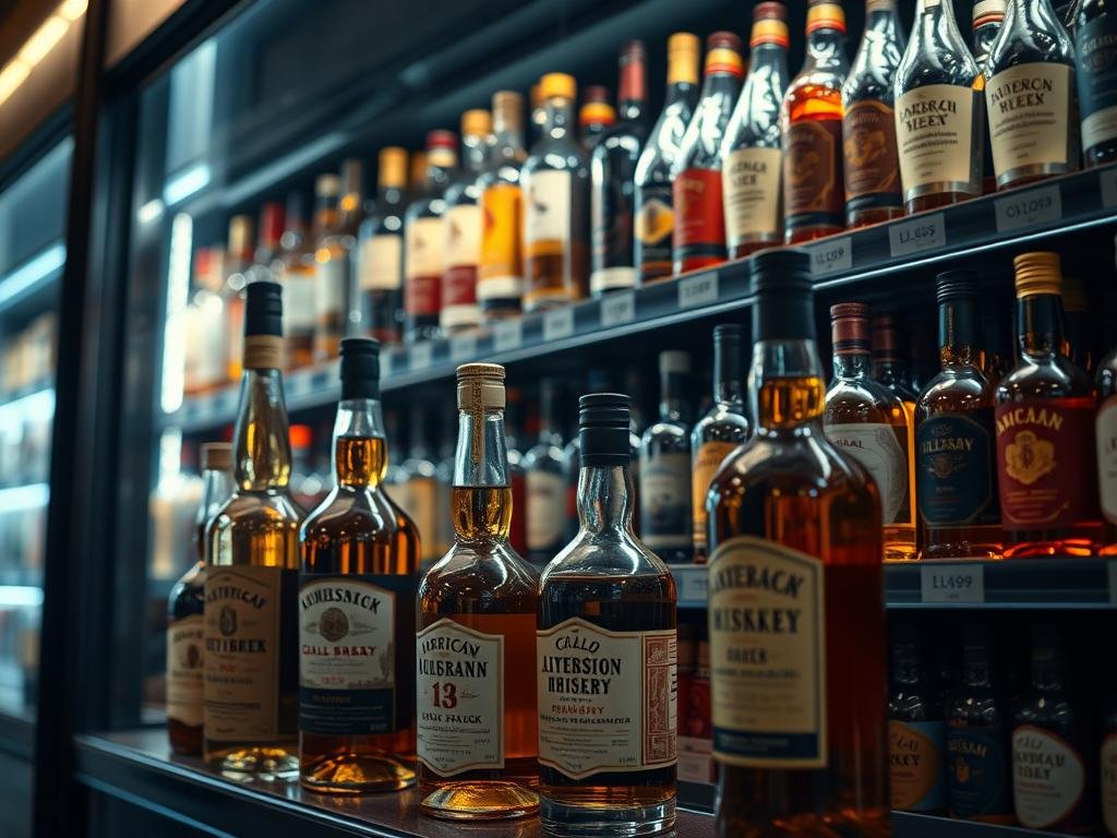 A dimly lit shelving unit in an upscale liquor store, showcasing a variety of American-made alcoholic beverages. The foreground features several prominent bottles of bourbon, whiskey, and craft beer, all with their labels prominently displayed. The middle ground includes additional shelves with more American alcohol products, creating a sense of abundance. The background is hazy, with the store's interior details blurred, emphasizing the focus on the American-made alcohol. The overall mood is one of exclusion, with the American products isolated and highlighted, conveying a sense of policy-driven separation from the Ontario market.