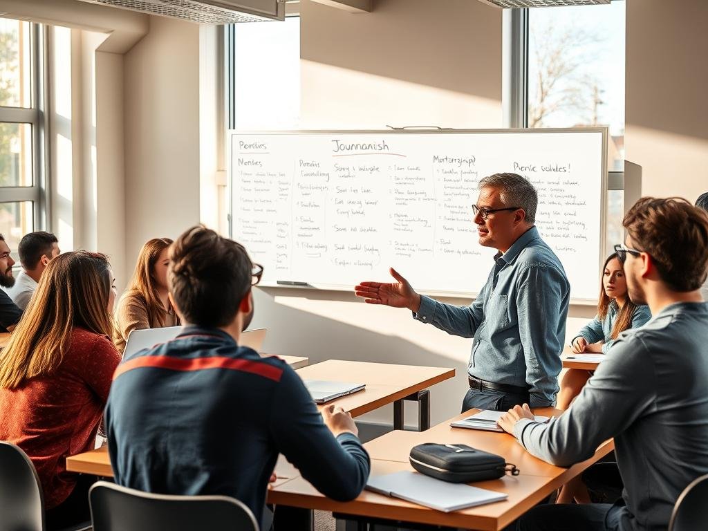 A diverse group of students and a professor engage in an interactive classroom setting at Ryerson University. In the foreground, a male instructor in smart casual attire passionately gestures while discussing journalism techniques with attentive students, who represent different backgrounds and are sitting at desks with notebooks and laptops. The middle ground features a whiteboard filled with notes and ideas related to mentorship and storytelling. In the background, large windows let in warm, natural light, illuminating the vibrant, welcoming atmosphere of the classroom. Soft shadows enhance the focus on the discussion, conveying an inspirational and collaborative mood, highlighting the essence of teaching and mentorship in journalism.