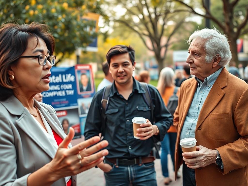 A diverse group of voters engaged in a community discussion, set in a vibrant public square. In the foreground, a middle-aged woman in professional attire gestures while speaking passionately. In the middle ground, a young man in casual yet modest clothing listens intently, while another elderly voter stands nearby, holding a coffee cup and nodding in agreement. The background features local campaign posters and trees, suggesting a bustling community environment. Soft, warm lighting enhances the mood, suggesting a hopeful atmosphere. The composition utilizes a moderate wide-angle lens, capturing the engaging dynamics among voters. Emphasize expressions of interest and connection among the attendees, reflecting varied regional responses to the political climate without any text or overlays.