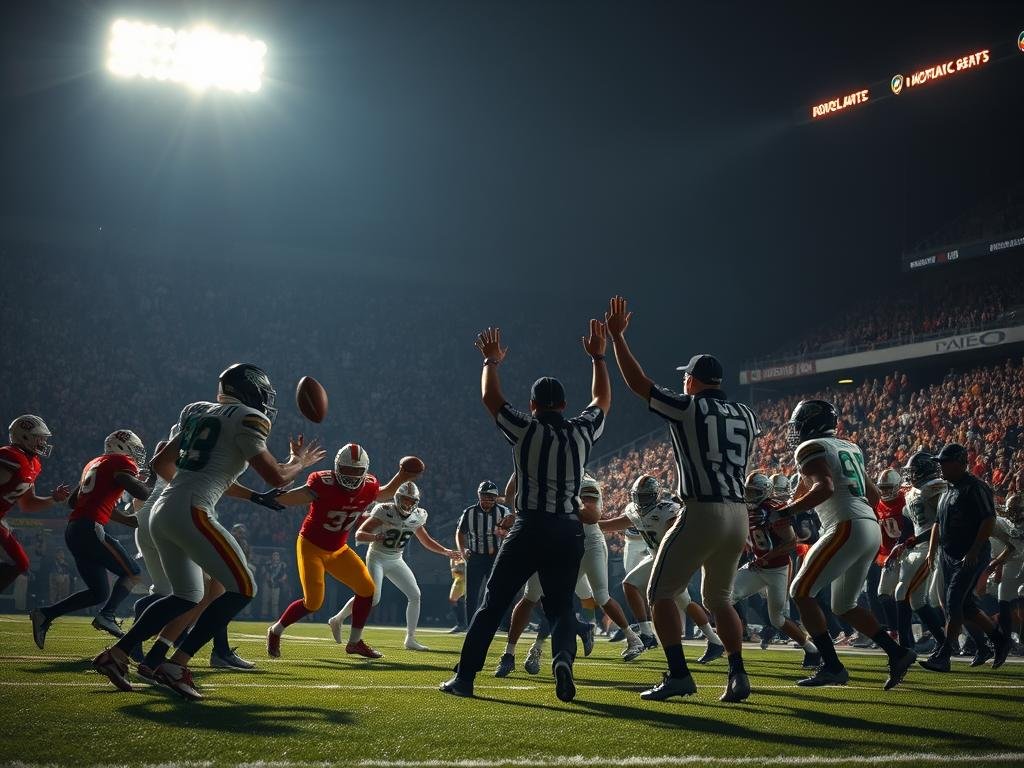 A dramatic football stadium scene, with players engaged in an intense match. In the foreground, two opposing teams clash on the field, their players locked in a heated struggle for the ball. The stadium's bright lights cast dramatic shadows, creating a sense of tension and high stakes. In the middle ground, the sideline officials make a controversial call, their arms raised in a gesture of authority. The crowd in the background reacts with a mix of cheers and boos, the stands alive with energy and emotion. The lighting is dramatic, with deep shadows and highlights emphasizing the dynamic action on the field. The camera angle is low, putting the viewer right in the heart of the action, capturing the intensity and drama of a pivotal moment in the game.