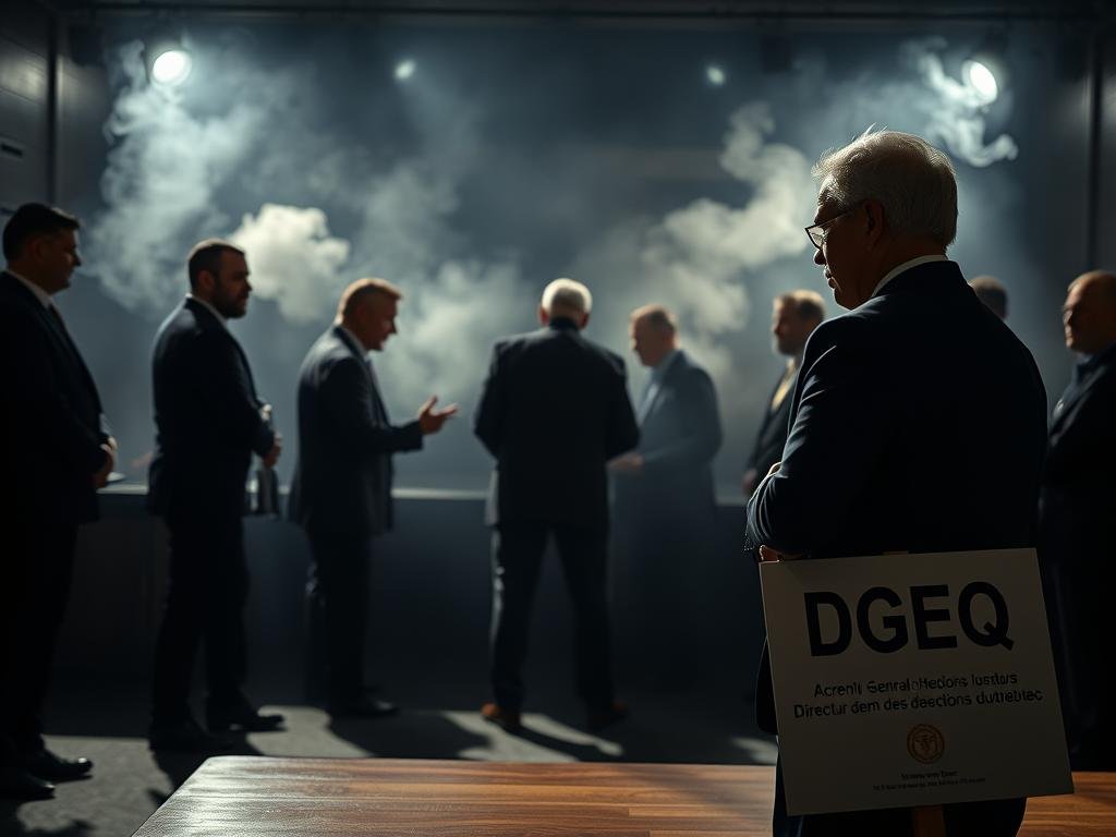 A dramatic scene of a political leadership race embroiled in controversy, with the DGEQ (Directeur général des élections du Québec) standing firm in the foreground. In the middle ground, shadowy figures engage in a heated exchange, hinting at alleged vote-buying schemes. The background is a dimly lit, smoke-filled room, casting an air of intrigue and unease. Dramatic chiaroscuro lighting creates a sense of tension, while the camera angle is slightly elevated, conveying a sense of detachment and objectivity. The overall mood is one of high-stakes political drama unfolding before the watchful eye of the electoral authority. A dramatic scene of a political leadership race embroiled in controversy, with the DGEQ (Directeur général des élections du Québec) standing firm in the foreground. In the middle ground, shadowy figures engage in a heated exchange, hinting at alleged vote-buying schemes. The background is a dimly lit, smoke-filled room, casting an air of intrigue and unease. Dramatic chiaroscuro lighting creates a sense of tension, while the camera angle is slightly elevated, conveying a sense of detachment and objectivity. The overall mood is one of high-stakes political drama unfolding before the watchful eye of the electoral authority.
