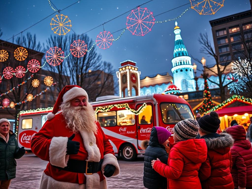 A festive scene capturing the Coca-Cola Holiday Caravan in Montreal, illuminated by an array of colorful Christmas lights. In the foreground, Santa Claus, jolly and welcoming, interacts with excited children wearing warm winter clothing. The middle ground features the Coca-Cola Caravan, adorned with cheerful decorations, its iconic red and white colors glowing in the evening twilight. The background showcases a lively Montreal Christmas Village, with charming stalls and a glittering skyline, creating a magical atmosphere. The scene is bathed in soft, warm lighting, with snow gently falling, adding to the enchanting holiday spirit. Use a wide-angle lens to capture the entire festive setup, emphasizing the joy and excitement of the holiday season.