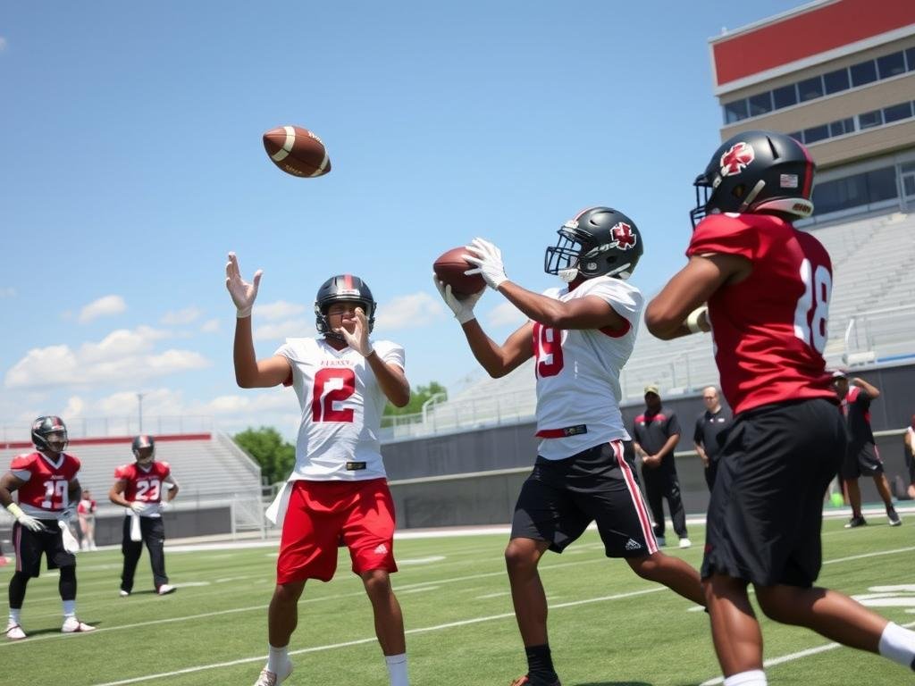 A football stadium on a sunny day, with a group of Canadian football players in the foreground. In the center, two receivers engaged in a passing drill, showcasing their agility and precision. In the background, a coaching staff observes the practice, their attention focused on developing the next generation of talent. The image conveys a sense of determination, teamwork, and the importance of building a strong pipeline of Canadian receivers to bolster the team's overall depth and competitiveness.