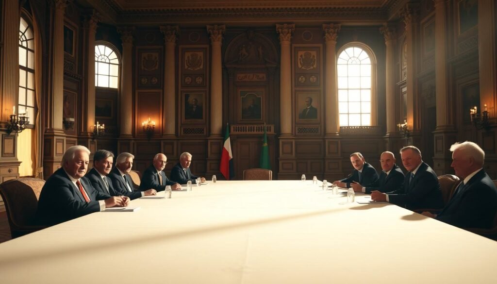 A formal gathering of G7 leaders in a grand, stately hall. In the foreground, the heads of state sit at a long, ornate table, each with a dignified and focused expression. Subtle lighting casts dramatic shadows, emphasizing the gravity of the moment. The middle ground features a backdrop of intricate architectural details, columns, and windows that convey a sense of history and authority. In the background, the room is bathed in a warm, golden glow, creating an atmosphere of power and prestige. The overall scene exudes a sense of global cooperation and decision-making at the highest level. A formal gathering of G7 leaders in a grand, stately hall. In the foreground, the heads of state sit at a long, ornate table, each with a dignified and focused expression. Subtle lighting casts dramatic shadows, emphasizing the gravity of the moment. The middle ground features a backdrop of intricate architectural details, columns, and windows that convey a sense of history and authority. In the background, the room is bathed in a warm, golden glow, creating an atmosphere of power and prestige. The overall scene exudes a sense of global cooperation and decision-making at the highest level.