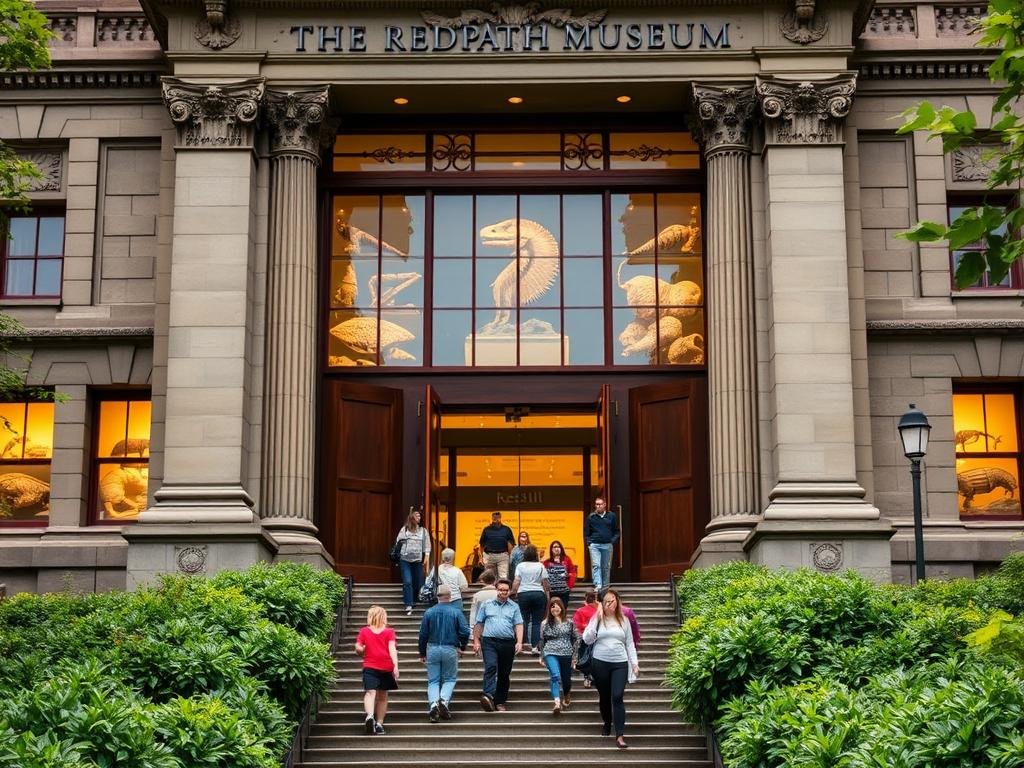 A grand, stately limestone building stands tall, its façade adorned with intricate carvings and columns. The Redpath Museum, a beacon of McGill University's natural history legacy, its entrance framed by towering oak doors. Through the windows, a glimpse of the museum's wonders - ancient fossils, gleaming gemstones, and preserved flora and fauna, all bathed in warm, diffused lighting. The steps leading up to the entrance are flanked by lush greenery, creating a serene, inviting atmosphere. In the foreground, a group of curious visitors ascend the stairs, drawn to explore the museum's captivating collection. The scene exudes a sense of timeless grandeur, a testament to the Redpath's enduring role as a hub of scientific discovery and natural history education.