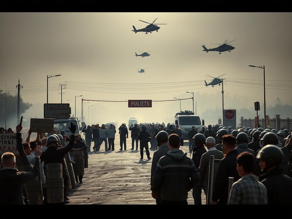 A gritty, high-contrast scene of a provincial border crossing, with barricades, armed guards, and a tense standoff between civilians and authorities. In the foreground, a group of protesters waves signs and banners, their faces set with determination. In the middle ground, a line of riot police stands resolute, shields and batons at the ready. In the background, the hazy silhouettes of government vehicles and helicopters hover, adding to the sense of unease. The lighting is harsh, casting dramatic shadows and lending an air of drama to the proceedings. The overall mood is one of defiance and uncompromising resistance in the face of an overbearing state presence.